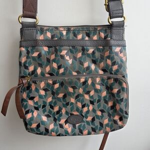 Fossil Crossbody Mosaic Artsy 90s Kaleidoscope Bag Satchel Green Pink Leather